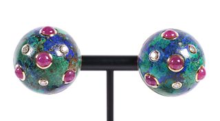 18K YG DOME AZURITE AND RUBY CLIP EARRINGS