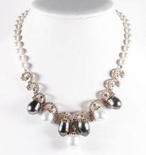 18K YG PEARL AND DIAMOND NECKLACE