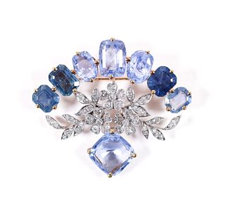 18K YG 20 CTTW SAPPHIRE AND DIAMOND FLORAL PIN