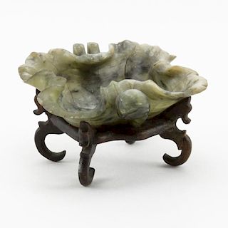 Chinese Carved Jade Lotus Leaf Brush Washer on Wooden Stand
