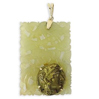 Chinese Jade Carved Reticulated Pendant with Gold Loop