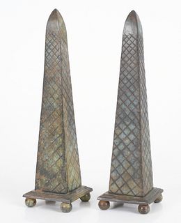 Pair of Neoclassical Style Verdigris Obelisks