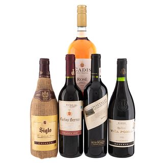 Lote de Vino Tinto y Rosado de España, Italia y Argentina. Cadis, Siglo. En presentaciones de 750 ml. y 1.5 Lts. Total de piezas: 5.