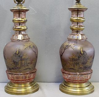 Pair of Bohemian Paint Decorated Glass Lamps.