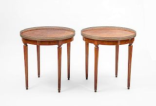 Pair of Louis XVI Style Brass-Mounted Stained Fruitwood Bouillotte Tables, 20th Century