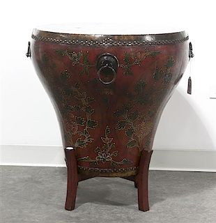A Chinese Polychrome Decorated Drum Table With Stand, Height 27 x diameter 23 inches.