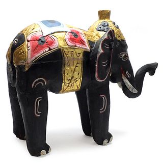 Large Thai Hand Painted Carved Wood Elephant
