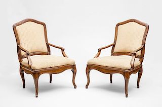 Pair of Italian Rococo Style Carved Walnut Armchairs, 20th C.