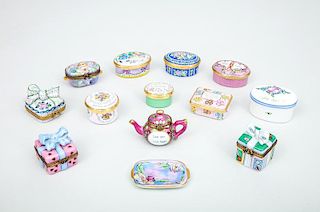 Group of Six English Enamel Boxes, Six Limoges Porcelain Boxes and a Miniature Porcelain Tray