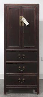 A Chinese Wood Cabinet, Height 55 1/2 x width 21 1/5 x depth 14 1/2 inches.