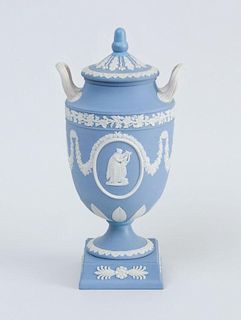 Wedgwood Blue Jasperware Pottery Two-Handled Urn and Cover