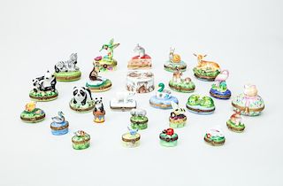 Group of Twenty-Three Limoges Porcelain Animal or Bird Boxes and a Halcyon Days Enamel Fawn-Shape Box