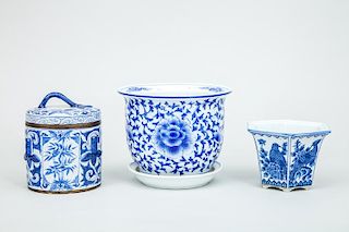 Modern Chinese Blue and White Jardinière on Stand, a Hexagonal Small Jardinière, and a Cylindrical Jar and Cover