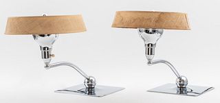 Art Deco Chrome Table Lamps with Linen Shades, Pr