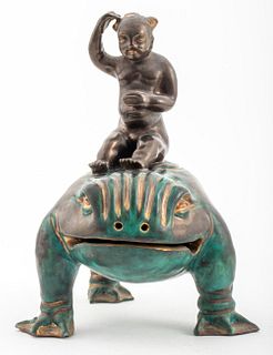 Eugenio Pattarino Ceramic Boy Atop Frog Sculpture