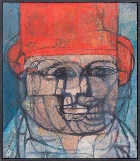 Cubist Abstracted Man in Red Hat Oil on Canvas