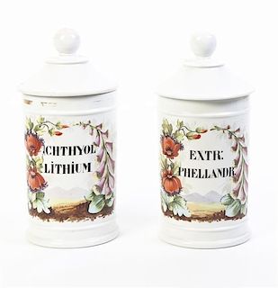 A Pair of Continental Porcelain Apothecary Jars, Height overall 10 1/4 inches.