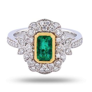 0.87ct Emerald and 0.42ctw Diamond 18K White and Yellow Gold Ring