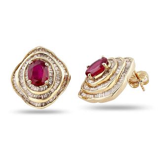 4.99ctw Ruby and 3.25ctw Diamond 14K Yellow Gold Earrings