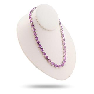 55.00ctw Amethyst and 0.27ctw Diamond Platinum Over Silver Necklace