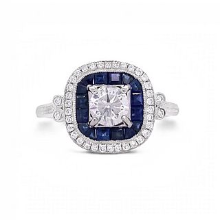 0.61ct F COLOR VS2 CLARITY CENTER Diamond and 0.77ctw Blue Sapphire Platinum Ring (1.44ctw Diamonds)