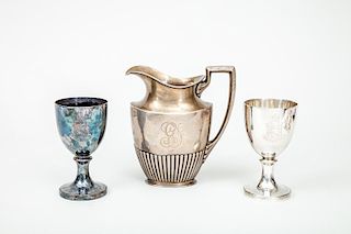 Gorham Monogrammed Silver Water Pitcher and a Pair of Silver-Plated Goblets with Armorials
