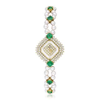 Montre Royal Ladies' Watch in 18K gold with Diamonds, Pearls and Emeralds