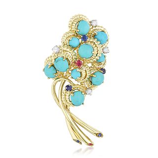 Vintage Turquoise Sapphire Ruby and Diamond Gold Brooch