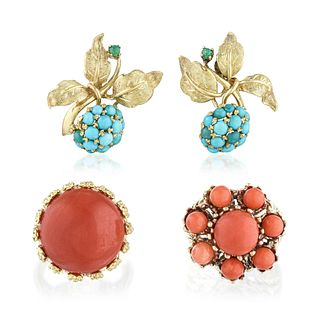 Group of Coral Turquoise and Gold Jewelry