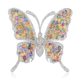Multi-Colored Sapphire and Diamond Butterfly Brooch