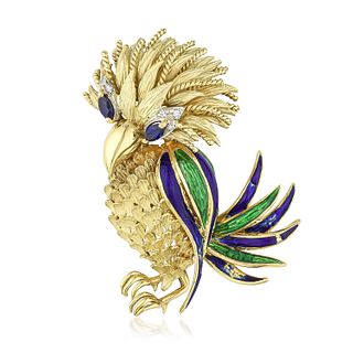 Vintage Sapphire Diamond Enamel Gold Bird Brooch, Italian
