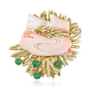 Vintage Coral and Emerald Gold Brooch