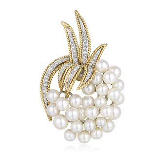Vintage Diamond and Pearl Gold Brooch