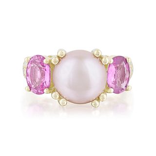 Pink Sapphire Pearl and Diamond Ring, GIA Certified