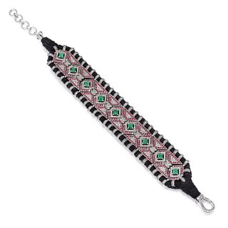 Emerald Ruby and Diamond Cord Bracelet