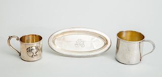 Robbins Silver Baby Mug, a Community Plate Baby Mug, and a Tiffany & Co. Monogrammed Silver Oval Pin Tray