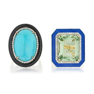 Turquoise Onyx Diamond Ring and Green Quartz and Diamond Ring