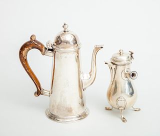 George I Crested Silver Small Lighthouse-Form Coffee Pot and a French Silver Pear-Form Tripod Individual Coffee Pot
