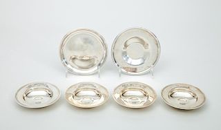 Set of Four English Silver Ashtrays, a Crested Silver Stand and a Silver-Plated Stand
