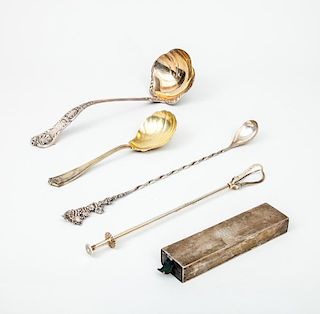 Group of Four American Silver Serving Articles and an English Monogrammed Silver Long Match Box Holder
