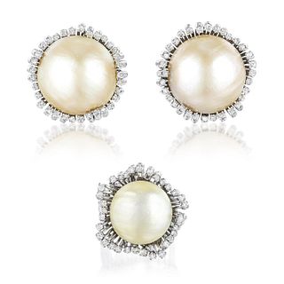 Set of Mabe Pearl and Diamond Ring and Earrings