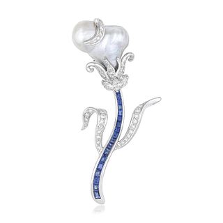Pearl Diamond and Sapphire Flower Brooch