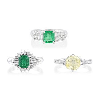 Two Emerald and Diamond Rings and a Yellow Sapphire and Diamond Ring