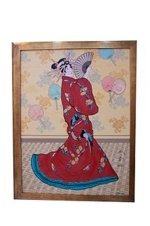Geisha with Fan Oil on Canvas by Jacques Harvey