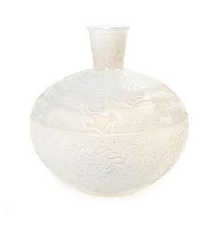 A Rene Lalique Molded and Frosted Glass Vase, Height 6 1/4 inches.