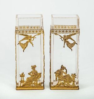 Pair of Empire Style Gilt-Metal-Mounted Angular Glass Vases
