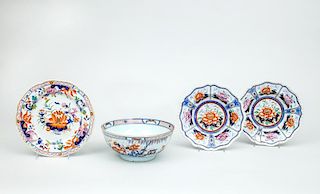 Chinese Export Porcelain Imari Punch Bowl, Two English 'Stone China' Soup Plates, and a Mason's Ironstone Plate