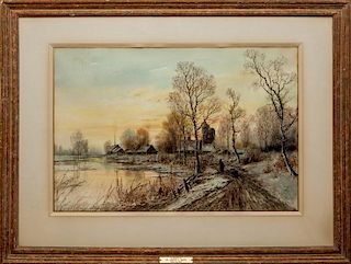 E. J. Müller (1872-?): Winter Village Sunset; and Winter Sheep Herding