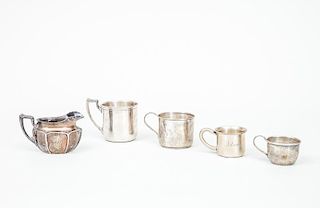 Two American Small Silver Mugs, a Mexican Silver Mug, a Reed and Barton Silver-Plated Mug and a Small Silver Creamer