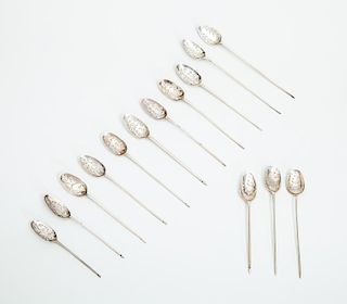 Assembled Group of Fourteen Georgian Silver Mote Spoons